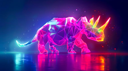 Captivating digital artwork featuring a low poly neon colored rhinoceros silhouette with a vibrant holographic and prismatic appearance  This surreal futuristic evokes a sense of energy technologyの素材