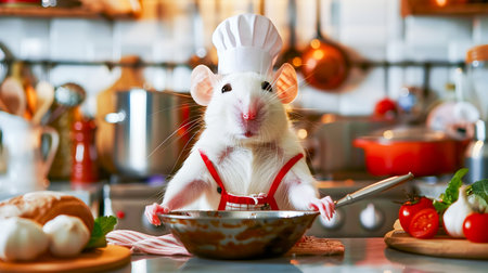 A whimsical and charming image of an adorable white rat dressed in a chef s uniform standing in a luxurious and well equipped kitchen surrounded by various culinary tools appliances and ingredientsの素材