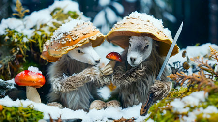 A small furry creature cautiously peeking out from under the shelter of snowy mushroom caps amidst the lush moss covered forest floor  The animal holding a small scale and knifeの素材