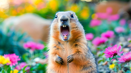 Playful and Cheerful Squirrel Surrounded by Vibrant Blooming Flowers in a Lush and Verdant Garden Setting Exhibiting a Joyful and Energetic Expressionの素材