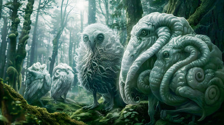 Mysterious and unsettling creatures with tentacular appendages lurking in the dark foreboding depths of an enigmatic forest  This surrealの素材