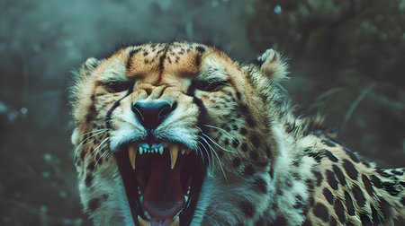 Intense and Fierce Growl of a Predatory Big Cat Such as a Leopard Cheetah or Panther Showcasing the Ferocity and Power of an Apex Predator in its Natural Habitatの素材