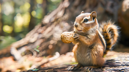 A curious bushy tailed chipmunk inspecting and holding a peanut in its tiny paws while perched on a weathered log in its natural woodland habitatの素材