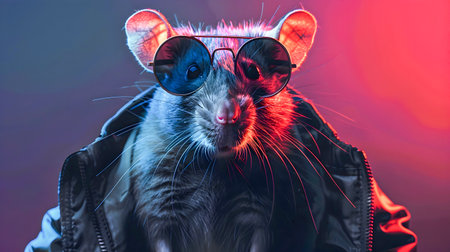 A Surreal and Captivating Digital Portrait of a Rat Character Wearing Stylish Sunglasses and a Jacket Set Against a Vibrant Neon Lit Backdrop with a Uniquely Creative and Futuristic Aestheticの素材