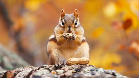 Adorable chipmunk with a peanut in its mouth perched on a tree branch surrounded by fallen autumn leaves  Closeup photo of the small furry rodent foraging for food in its natural woodland habitatの素材