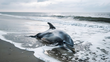 Beached Dolphin Struggling to Return to Ocean Waves on Sandy Shoreline After Washing Up on the Beach  Coastal Nature Wildlife Scene with Aquatic Mammal in Distressの素材