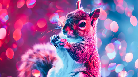 Captivating and surreal digital of a squirrel wearing a dazzling glittering neon disco outfit with shiny sequins and a vibrant luminous glow  The creativeの素材