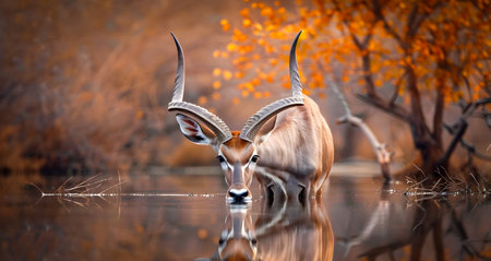 An adult male kudu Tragelaphus strepsiceros drinking water and reflecting in the still surface of a watering hole in the arid Namibian desert landscape surrounded by dry foliage and bushesの素材