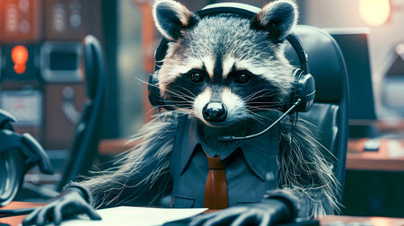 Cartoon of a Raccoon Wearing a Business Suit and Headset Working at a Desk with a Computer in a Corporate Office Settingの素材