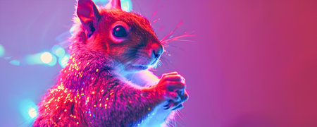 Whimsical and creative digital of a squirrel dressed in a vibrant shimmering neon disco inspired outfit covered in glitter sequins and other dazzling decorative elements against a colorfulの素材