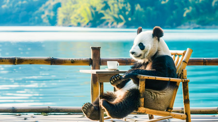 Relaxed Panda Bear Sitting in a Wooden Chair and Drinking Coffee from a White Mug or Cup on a Wooden Deck with a Peaceful Lake and Scenic Nature Landscape in the Backgroundの素材