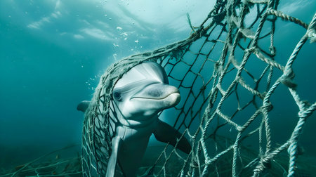 Dolphin Caught in Fisherman s Net Struggling to Escape Underwater in the Vast and Mysterious Sea Environmentの素材