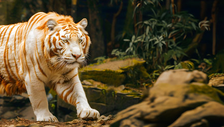 Majestic Albino Tiger with Striking White Fur Prowling Through Lush Green Forest Habitat   Portrait of a Rare and Elusive Exotic Predator in its Natural Environmentの素材
