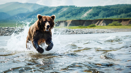 Powerful Brown Bear Charging Through the Shallow Waters of a Remote Kamchatka River Showcasing the Rugged Beauty and Untamed Wilderness of the Kamchatka Peninsula in Russiaの素材