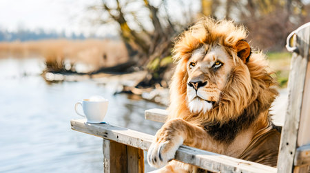 Funny lion animal resting and relaxing drinking coffee from a white cup or mug on a wooden deck  The lion is sitting on a wooden chair near the calm lake waterの素材