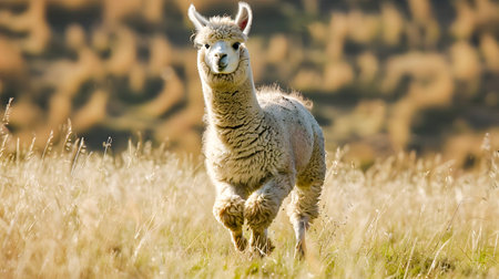Energetic alpaca running swiftly through a lush grassy meadow set against a picturesque rural landscape  The fluffy white camelid is showcasing its speed and agility in a serene pastoral settingの素材