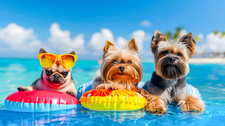 Cute and Playful Dogs Relaxing on Tropical Beach with Inflatable Floats and Sunglasses Capturing the Fun and Adventure of a Summer Vacation Holidayの素材