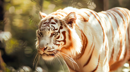 Majestic Albino Tiger Prowls Through the Lush Forest Habitat a Rare and Powerful Predator Capturing the Mystery and Beauty of the Natural Worldの素材