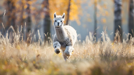 Fluffy White Alpaca Running Gracefully Through Autumn Meadow with Vibrant Fall Foliage in the Backgroundの素材