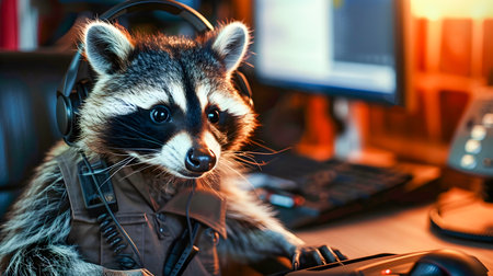 Curious Raccoon Wearing Corporate Uniform and Headset Sitting at Desk and Focused on Working on Laptop Computer  Concept of Wildlife Thriving in Modern Work Environmentの素材