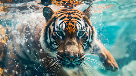 Magnificent Bengal Tiger Navigating the Underwater World with Fierce Grace   A captivating image of a powerful striped predator swimming effortlessly through the waterの素材