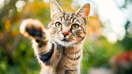 Curious domestic cat gazing intently with alert expression in natural outdoor setting with blurred green vegetation background  Adorable fluffy feline pet posing in candid momentの素材