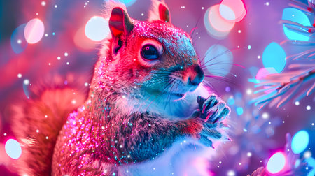 Creative and whimsical digital art concept featuring a squirrel dressed in a vibrant glittering neon outfit surrounded by a shimmering luminescent environment with copy space for text overlayの素材