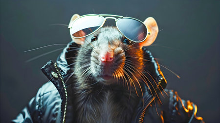 Stylish Rat in Sunglasses and Jacket Surreal Animal Portrait  Quirky Imaginative and Unique Digital Artwork of a Rodent Character in Fashionable Attireの素材