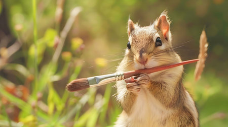 A charming and captivating close up image of a curious chipmunk grasping an paintbrush in a lush forest environment showcasing the delicate interplay between nature creativityの素材