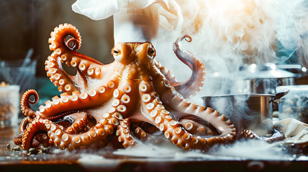 A curious octopus wearing a white chef s hat preparing a seafood dish in a steamy commercial kitchen  The octopus s tentacles are visible as it cooks surrounded by rising steam and smokeの素材
