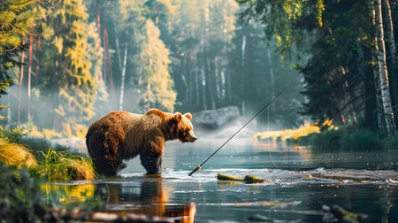 A majestic brown bear standing in a calm forest lined river carefully fishing with its paws  The sereneの素材