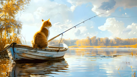 A serene scene of an animal sitting on a small boat fishing in a calm lake or river surrounded by the vibrant colors of autumn foliage and a peaceful reflective atmosphereの素材