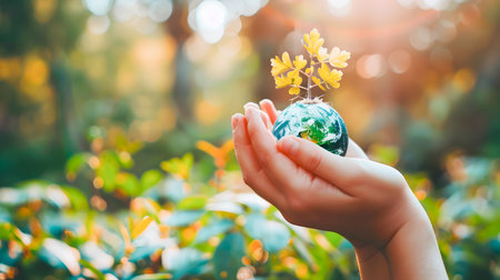A young childs hand holds a small earth with a flowering plant growing from it symbolizing the importance of nurturing and protecting our environment for future generationsの素材