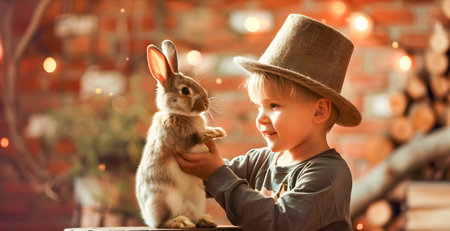 Adorable young boy dressed as a magician holding a rabbit that has emerged from his top hat creating a whimsical and enchanting scene in a cozy festive indoor settingの素材