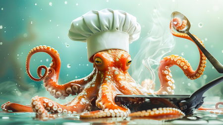 An otherworldly octopus chef donning a crisp white chef s hat holds a cooking spoon as it prepares a culinary masterpiece in the depths of the underwater realmの素材
