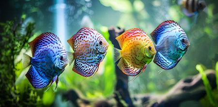 A breathtaking school of colorful and vibrant discus fish  also known as pompadour fish  gracefully swimming in a serene and tranquil aquarium environmentの素材