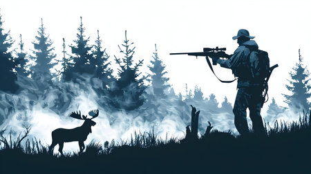 Dramatic silhouette of a hunter with a shotgun rifle tracking a moose in a misty atmospheric forest landscape  The hunter is carefully stalking their preyの素材