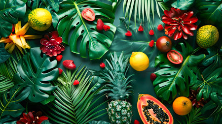 A close-up pattern of exotic tropical fruits and leaves on a black background showcasing their vibrant colors and intricate textures This UHD image is perfect for food and nature enthusiastsの素材