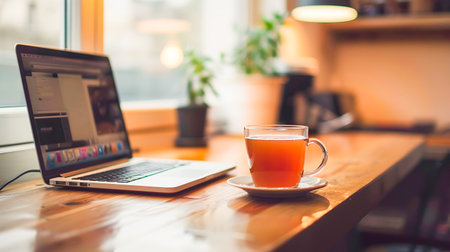 A laptop computer and a cup of tea sit on a desk in a modern office in the style of a dreamy atmosphere Perfect for promoting productivity creativity and inspiration in the workplaceの素材