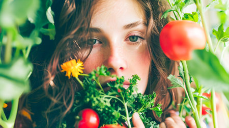 A young girl with a strawberry on her cheek poses amongst a vegetable patch promoting healthy eating for teens in this nature-inspired portraitの素材