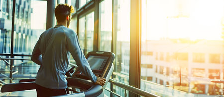 A young man can be seen working out on a treadmill in a modern gymnasium located in a city building The scene is light-filled and stylish with a focus on the mans motion and strengthの素材