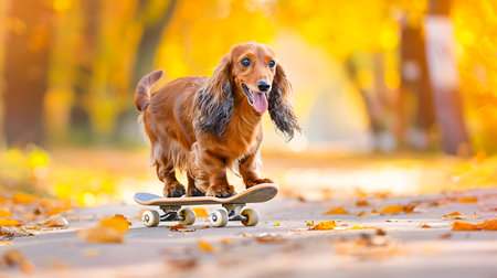 Playful Dachshund Puppy Balances and Rides a Skateboard Through an Autumn Park Surrounded by Falling Leaves and Cozy Natureの素材