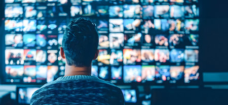 A man is depicted in a soft-focus style relaxing on a couch in his living room while watching television on a large screen Multiple television shows and films are playing on the screen making for a cozy and entertaining eveningの素材
