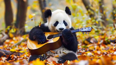 Panda musician playing acoustic guitar in a beautiful autumn forest filled with falling leaves and natural surroundingsの素材