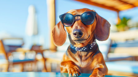 Stylish dachshund dog blogger sitting at a table and shooting video blog content for their canine social media followers using an action The dog is wearing trendy sunglasses and is focused on theの素材