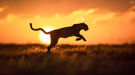 Powerful silhouette of a leopard leaping forward in a dramatic golden hour sunset over the steppe grasslands  The big cat s agile graceful movement is captured in sharp profile against the vibrantの素材