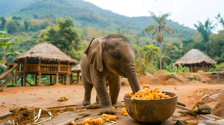 Orphan young elephant being fed breakfast by caretakers at an animal rescue and rehabilitation sanctuary in a remote jungle setting surrounded by lush greenery and mountainsの素材