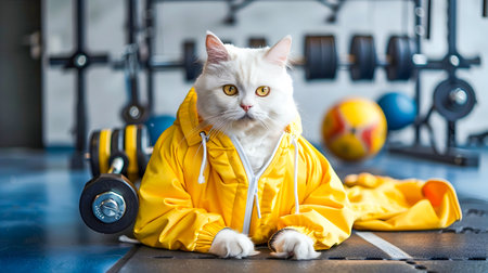 Charming and humorous portrait of a white domestic cat dressed in a fashionable yellow uniform posing confidently in a gym setting surrounded by sports equipmentの素材