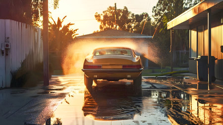 A detailed and photorealistic 3D image of a car being washed in a driveway at sunset showcasing the shine and gloss of the car and the surrounding environment in the style of Unreal Engineの素材