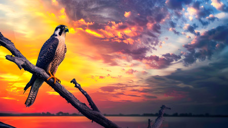 Magnificent Hobby Falcon Perches on Branch Beneath a Stunning Dramatic Sunset Skyscape with Vibrant Orange and Red Clouds  A Powerful and Elegant Bird of Prey in a Captivating Natural Landscapeの素材